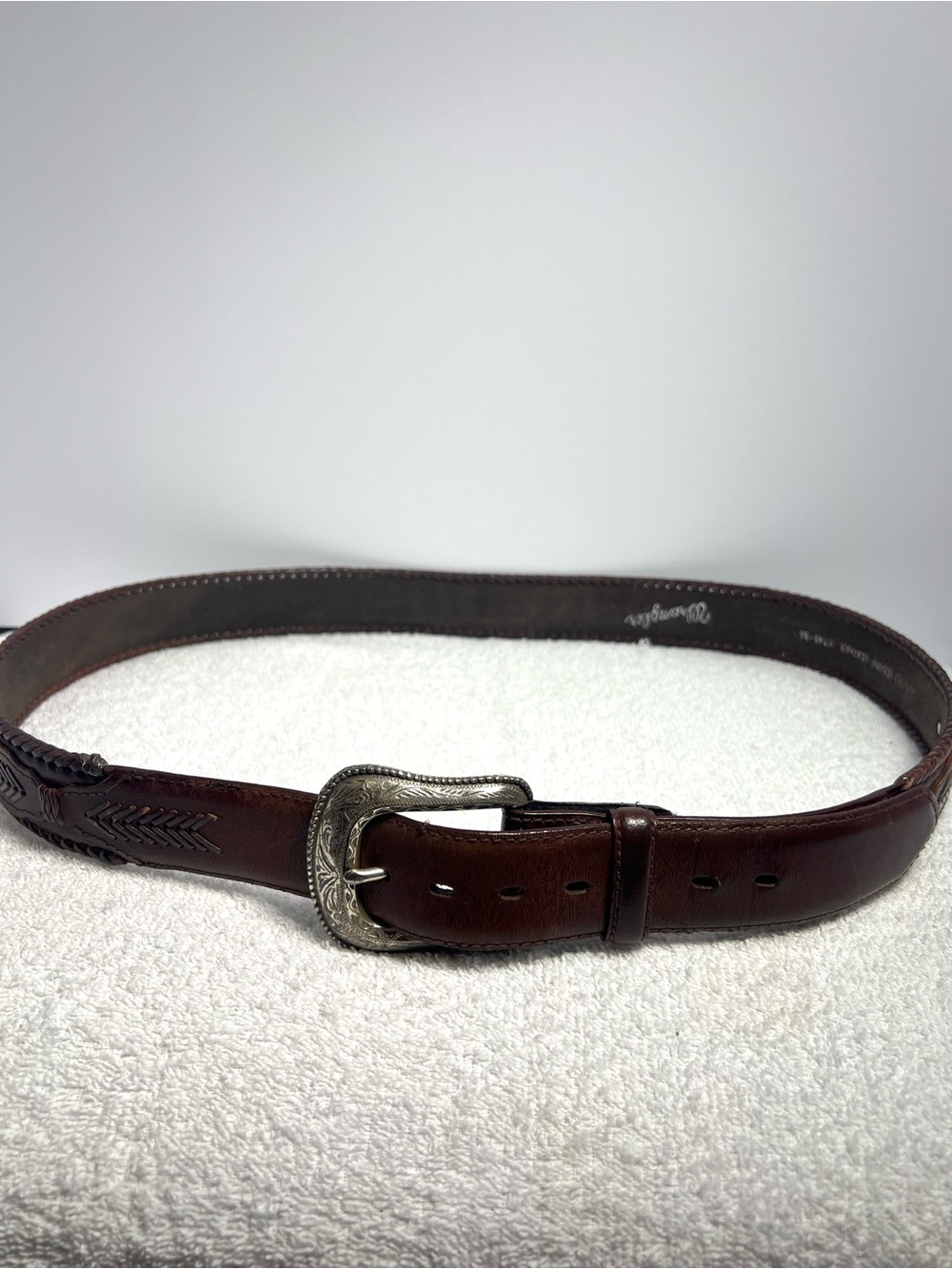 Wrangler Genuine Leather Western Belt Braided Brown Tooled Silver Buckle Size 44